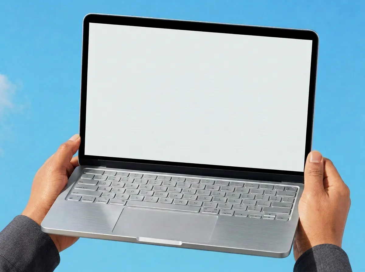 A silver laptop held against a bright blue background